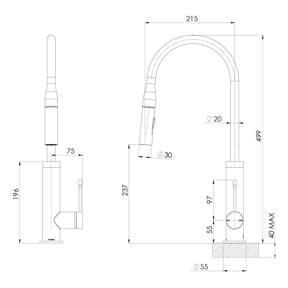 Deja Pull Out Sink Mixer 220mm - Matte Black