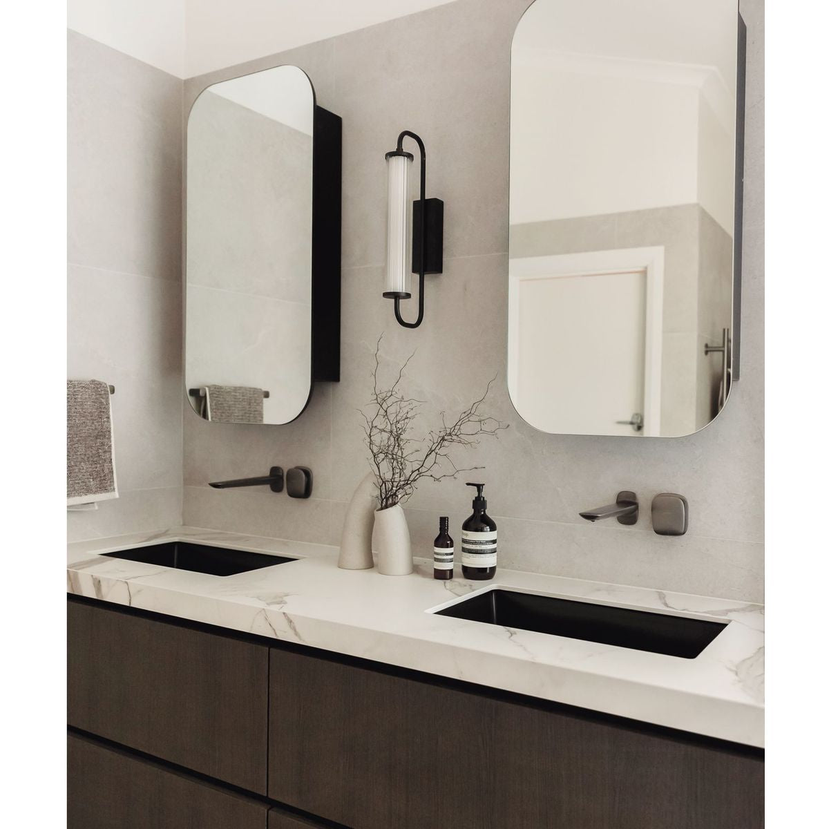 Nuage Wall Basin / Bath Mixer Set 200mm - Brushed Carbon