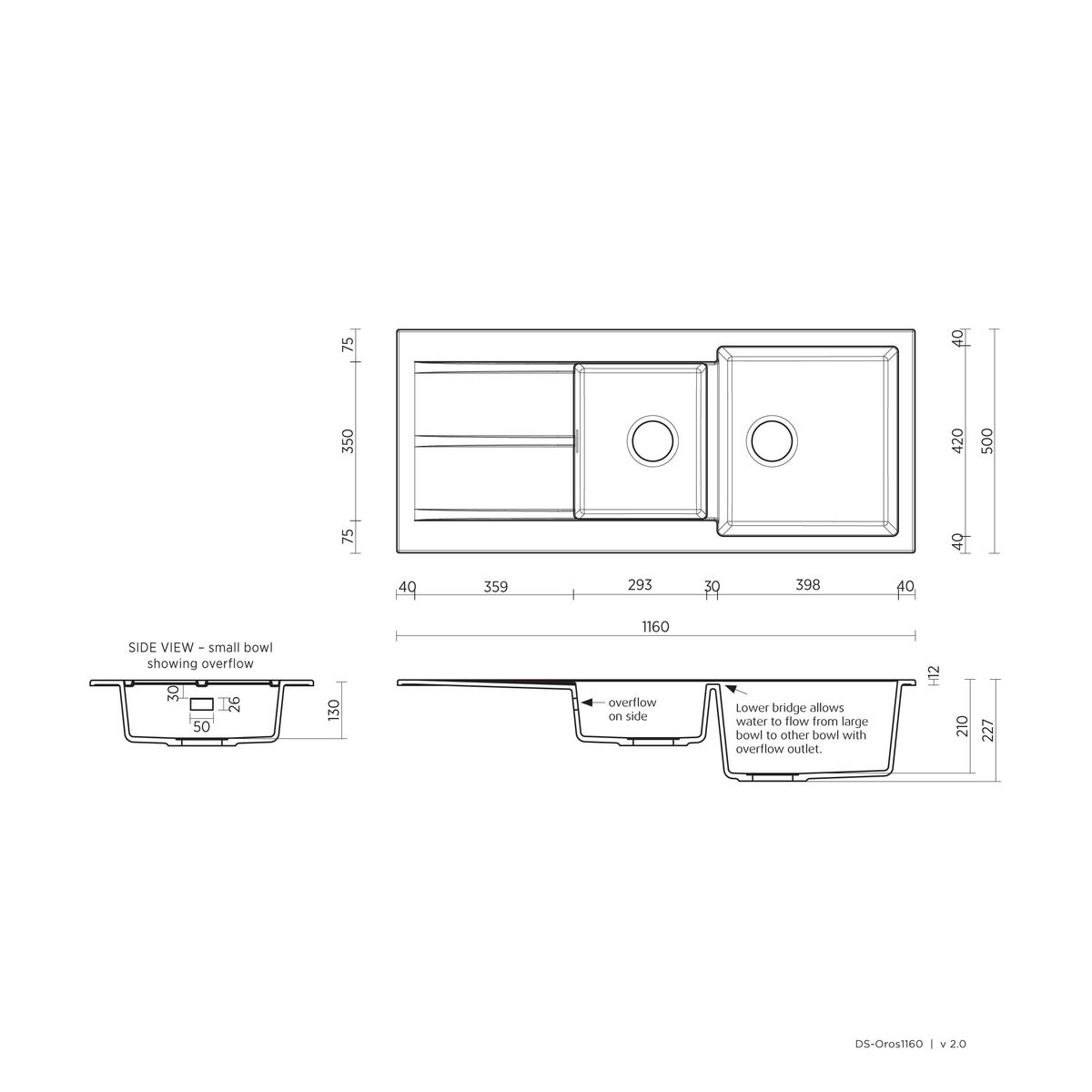 Oros 1160 Arqstone sink - White, 1 Taphole and Right Drainer