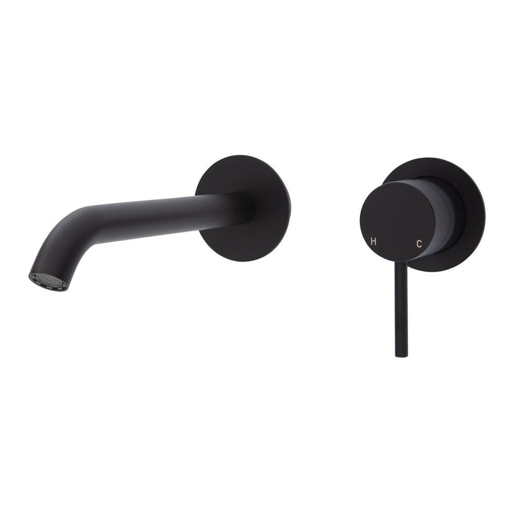 Kaya Wall Basin/Bath Mixer Set Round Plates, 200mm Outlet, Matte Black