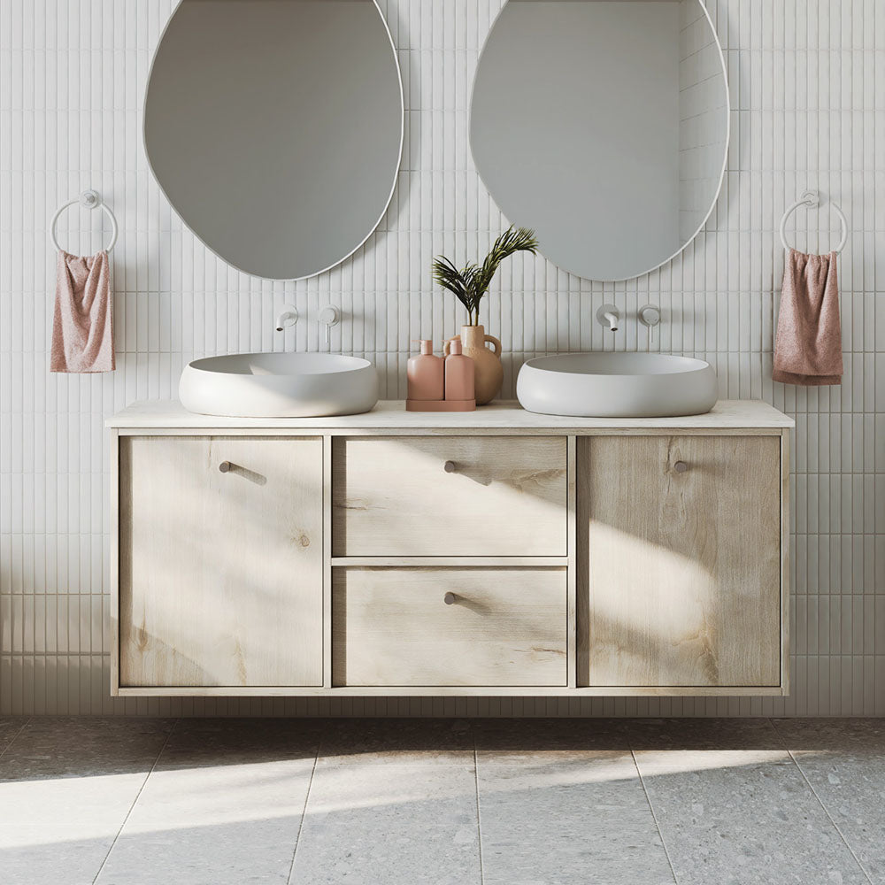 Kaya Basin/Bath Wall Mixer Set, Round Plates, 200mm Outlet, Matte White