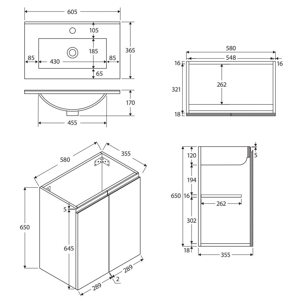 Siska Slim 600 Wall-Hung Vanity - 1 Taphole
