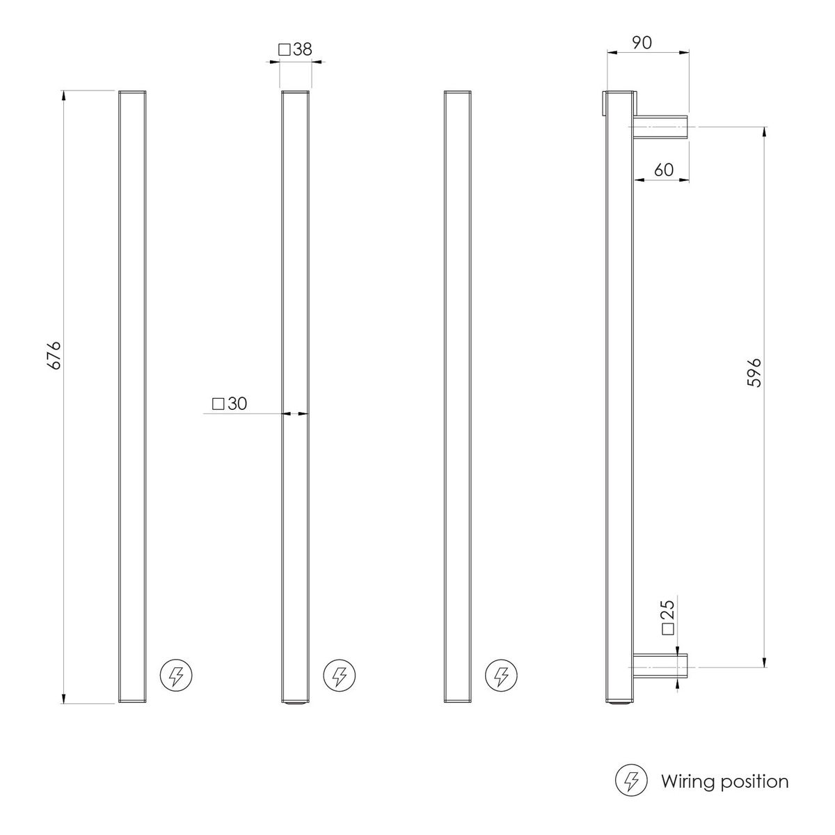 Phoenix Heated Triple Towel Rail Square 600mm - Matte Black