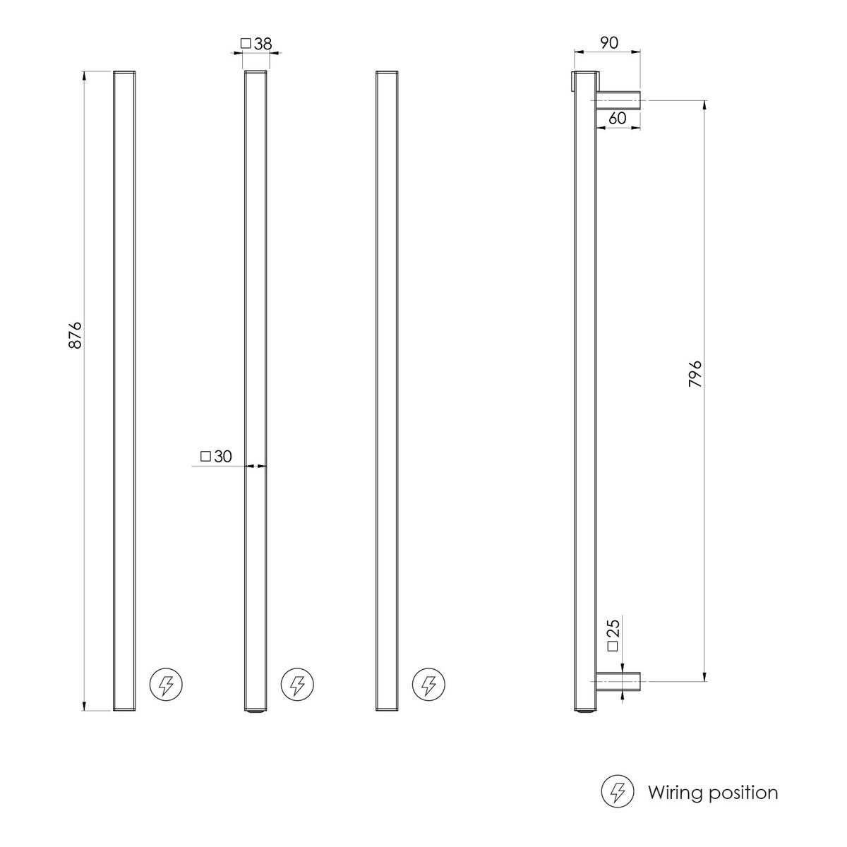 Phoenix Heated Triple Towel Rail Square 800mm - Matte Black