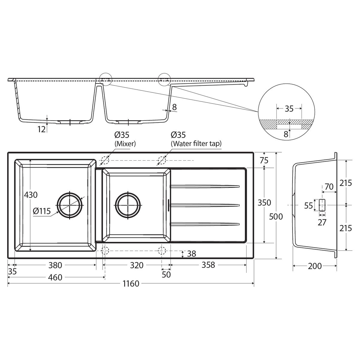 Kuro Granite 32L/22L Double Kitchen Sink with Drainer, Right Bowl, 2 Tap Holes