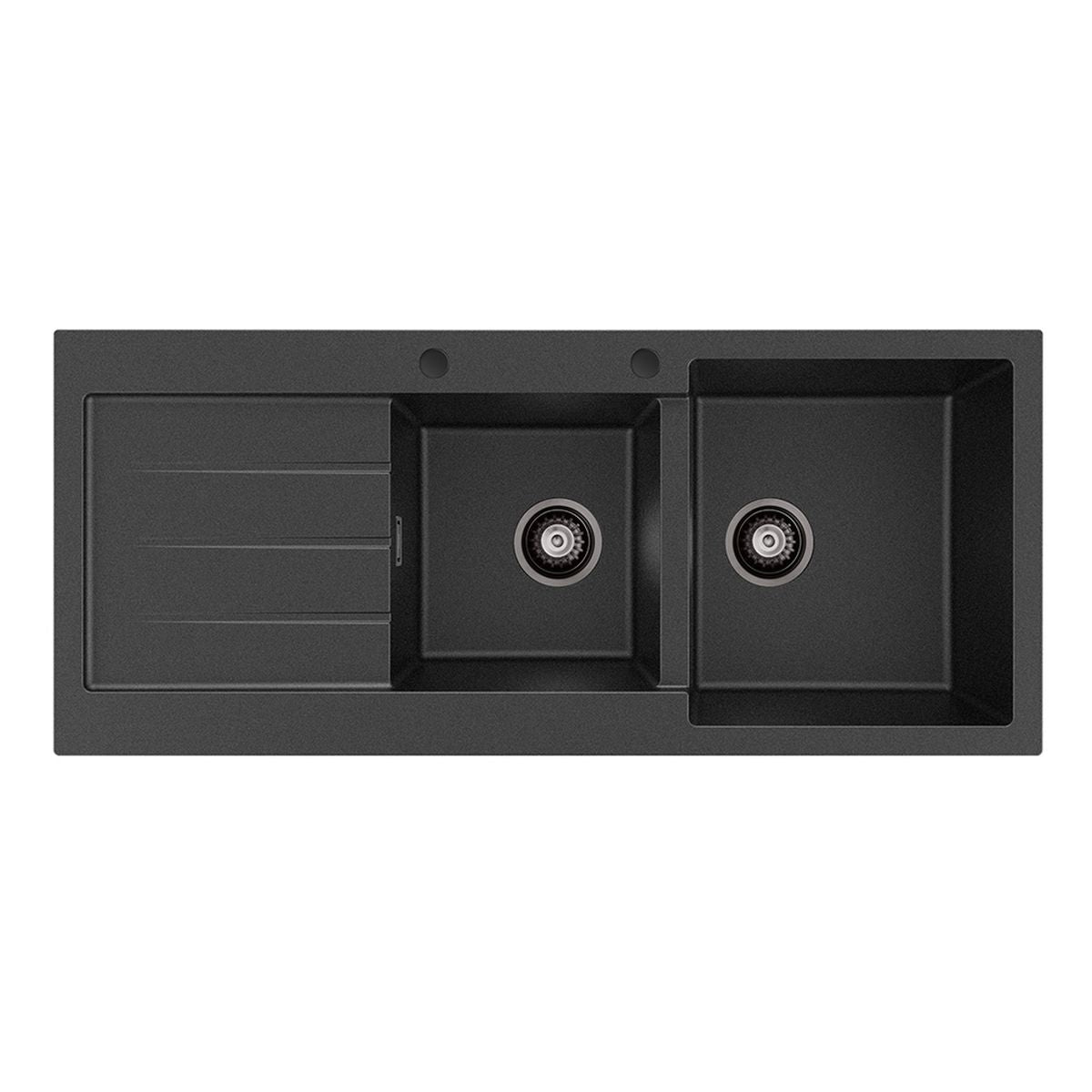 Kuro Granite 32L/22L Double Kitchen Sink with Drainer, Right Bowl, 2 Tap Holes