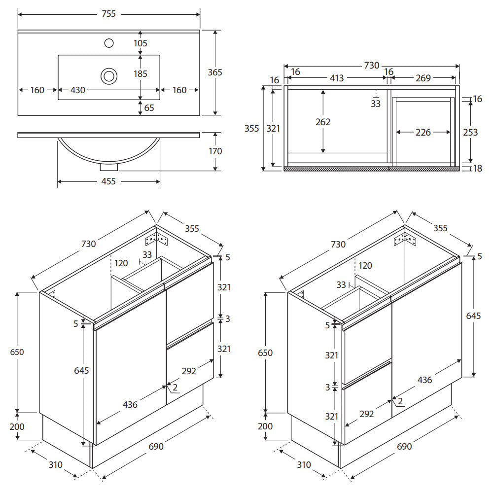 Siska Slim 750 Vanity on Kickboard, Left Drawers - 3 Tapholes