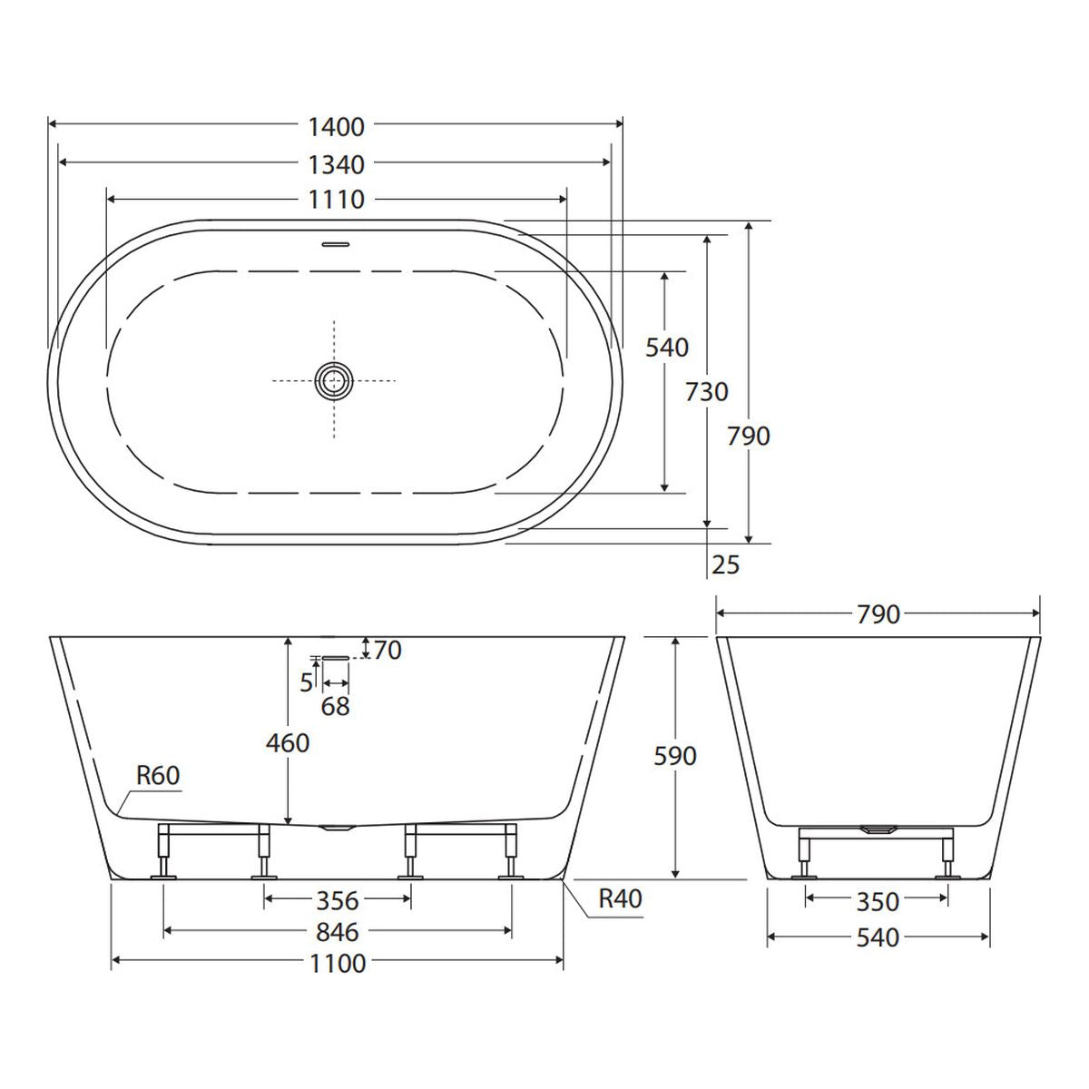 Austin Freestanding Acrylic Bath with Overflow, 1400mm