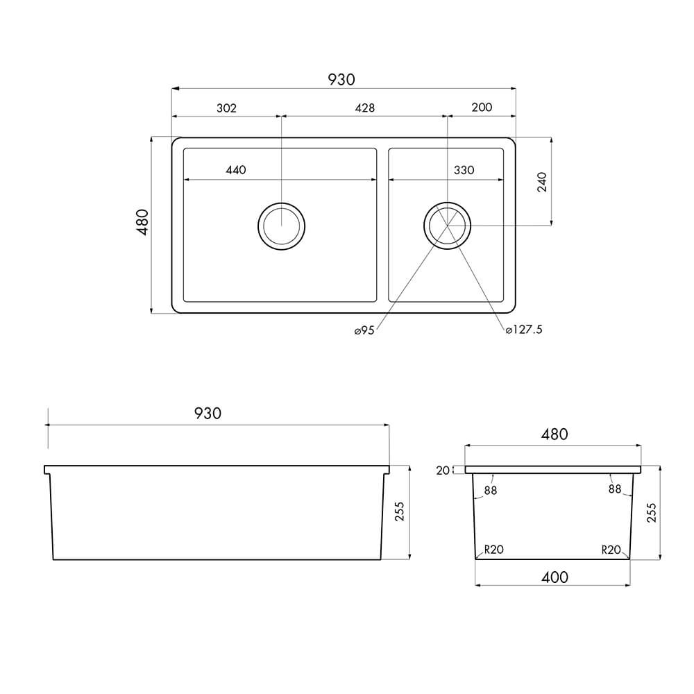 Cuisine 93 x 48 One and a Half Bowl Inset / Undermount Fine Fireclay Matte White Sink
