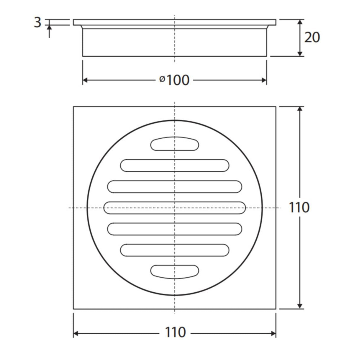 Fienza Square Floor Waste, Round Grate, 100mm Outlet, Matte Black