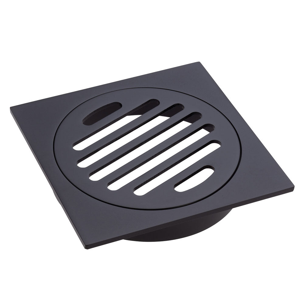 Fienza Square Floor Waste, Round Grate, 100mm Outlet, Matte Black