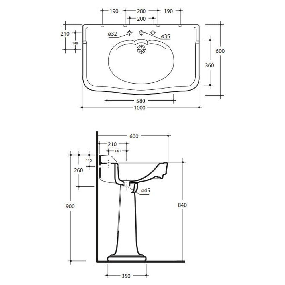 Studio Bagno Impero 100 Pedestal & Basin - 3 Tapholes