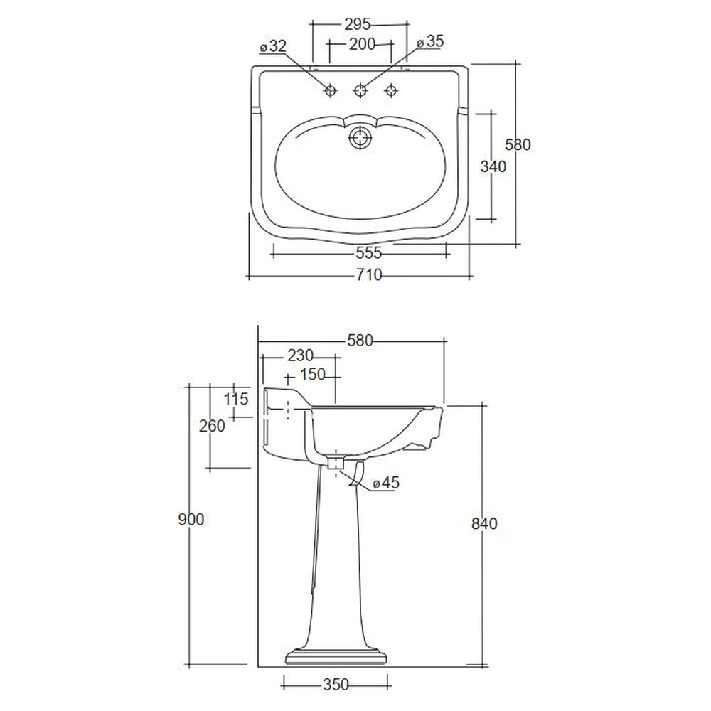 Studio Bagno Impero 70 Pedestal & Basin - 3 Tapholes