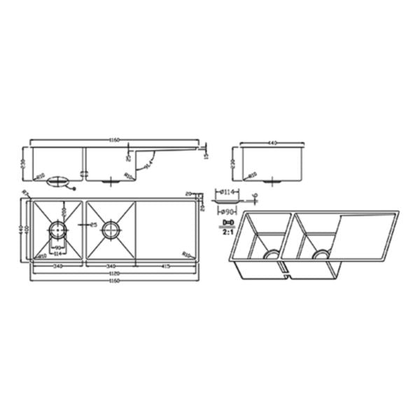 Meir Kitchen Sink Double Bowl & Drainboard 1160 x 440, Tiger Bronze