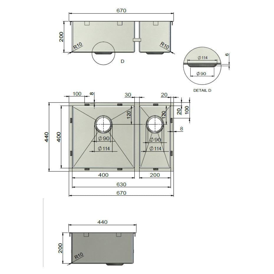 Meir Kitchen Sink - One & Half Bowl 670 x 440, Brushed Gunmetal