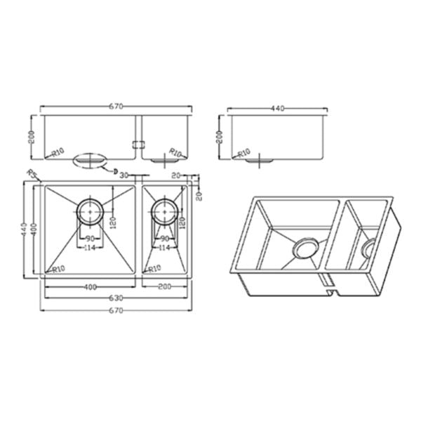 Meir Kitchen Sink One & Half Bowl 670 x 440, Brushed Nickel