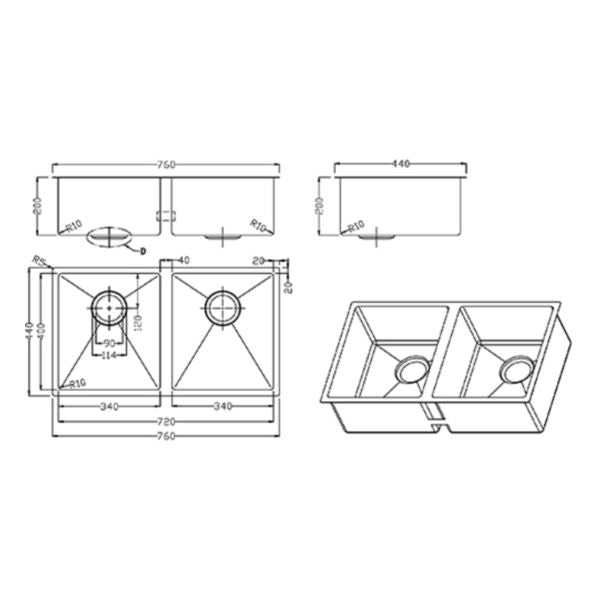 Meir Kitchen Sink Double Bowl 760 x 440, Brushed Nickel