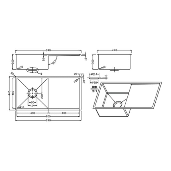 Meir Kitchen Sink Single Bowl & Drainboard 840 x 440, Brushed Nickel