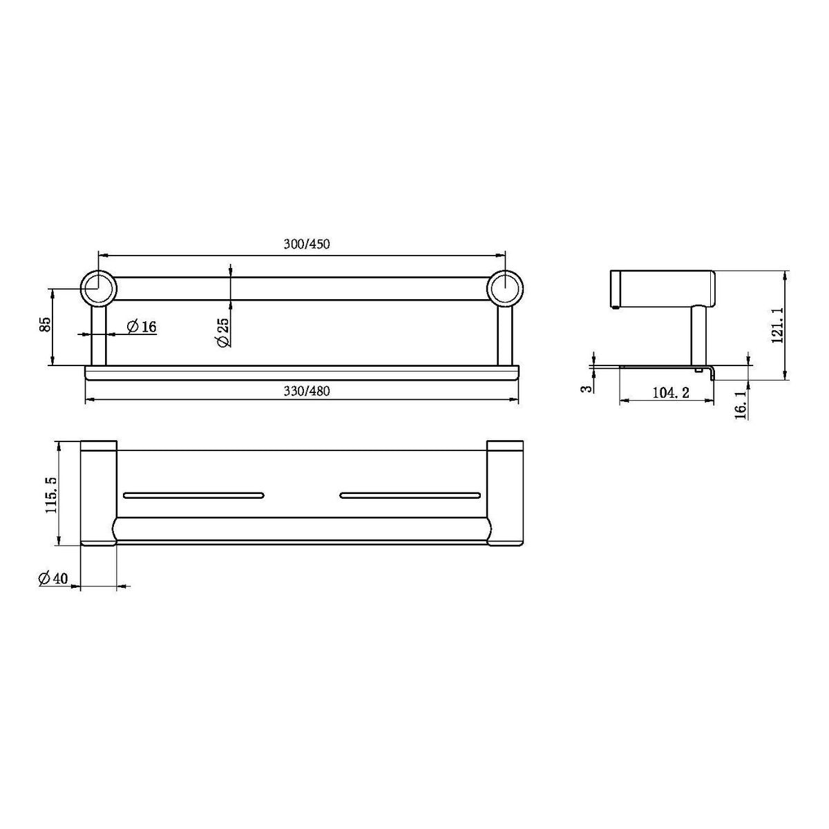 Nero Mecca Care 25mm Grab Rail With Shelf 450mm Brushed Gold