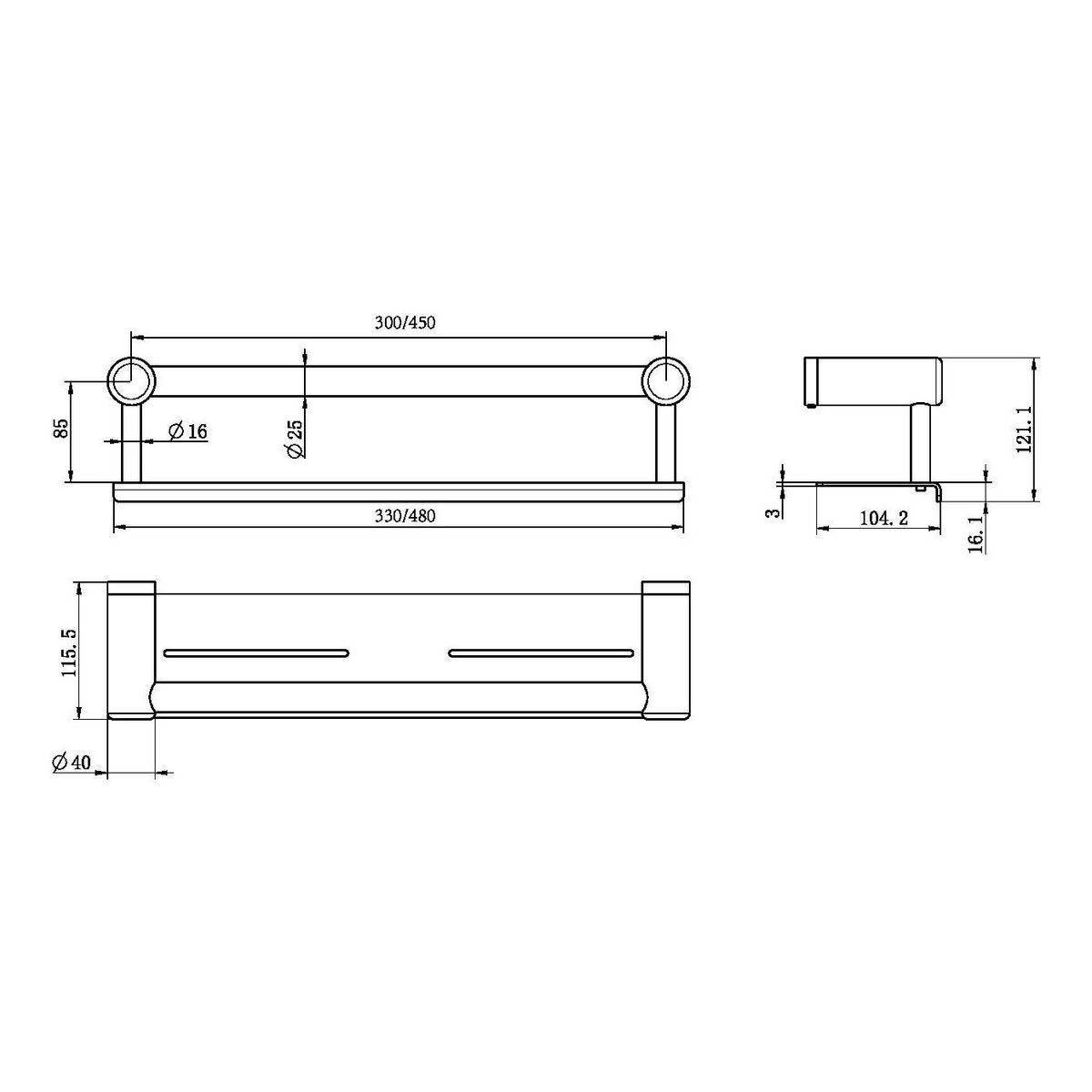Nero Mecca Care 25mm Grab Rail With Shelf 450mm Brushed Bronze