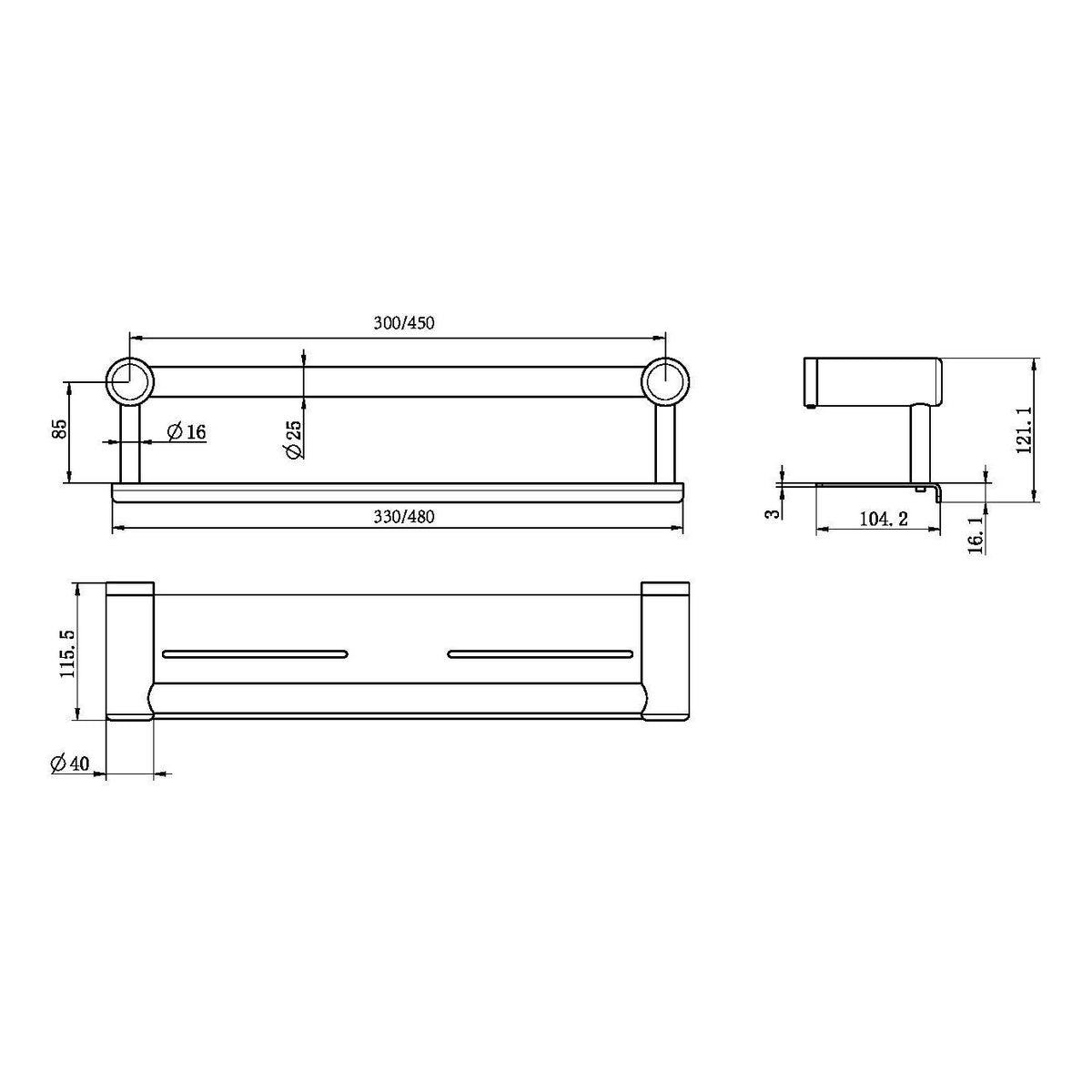 Nero Mecca Care 25mm Grab Rail With Shelf 450mm Gun Metal