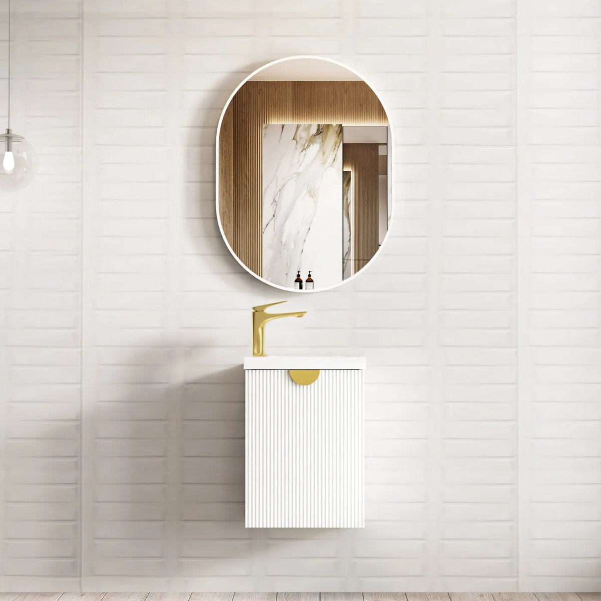 Otti Mini Ensuite Vanity 400mm Matte White Fluted Vanity with Basin - Brushed Gold Handle