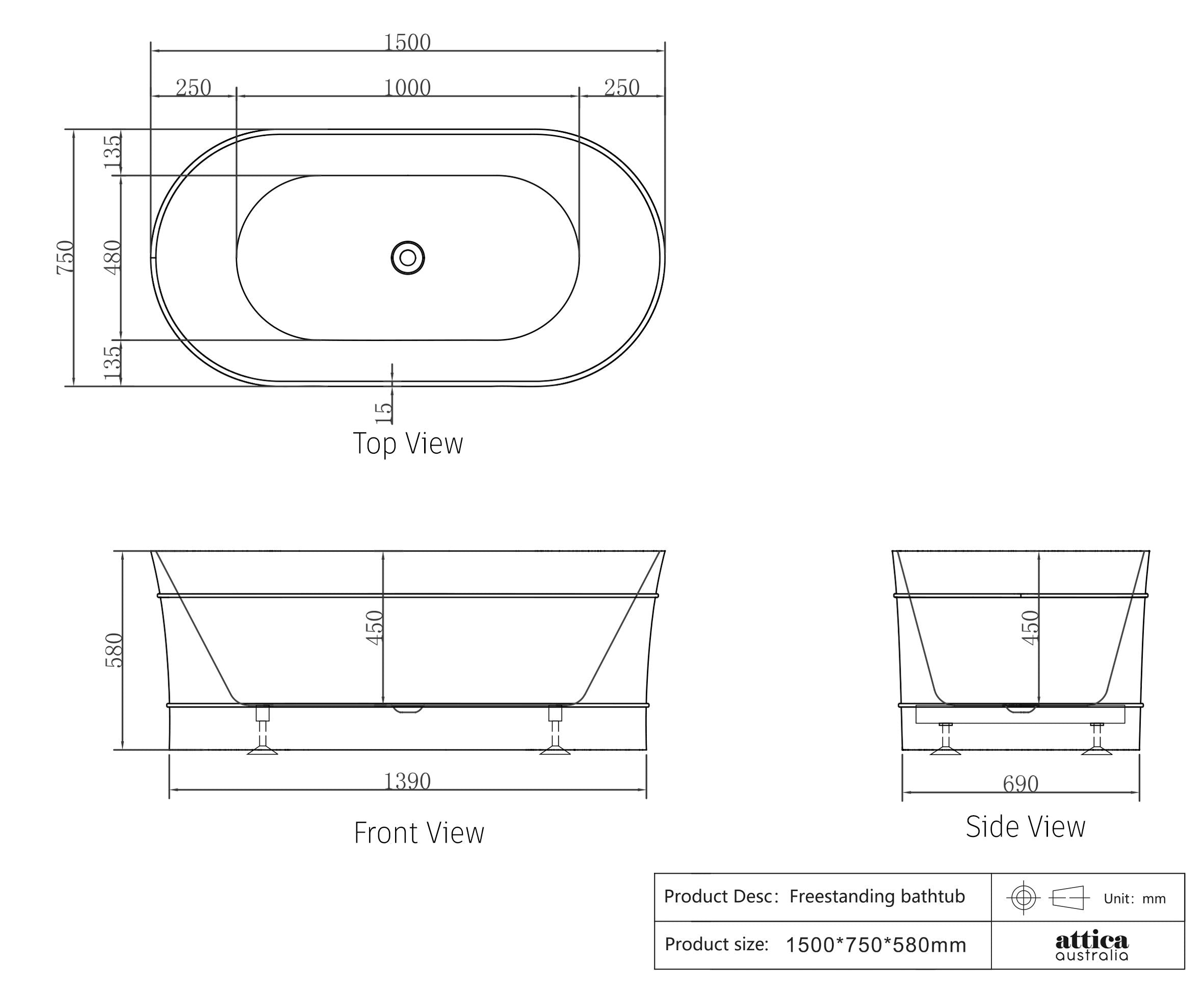 Bondi Freestanding Bath 1500 Matte White