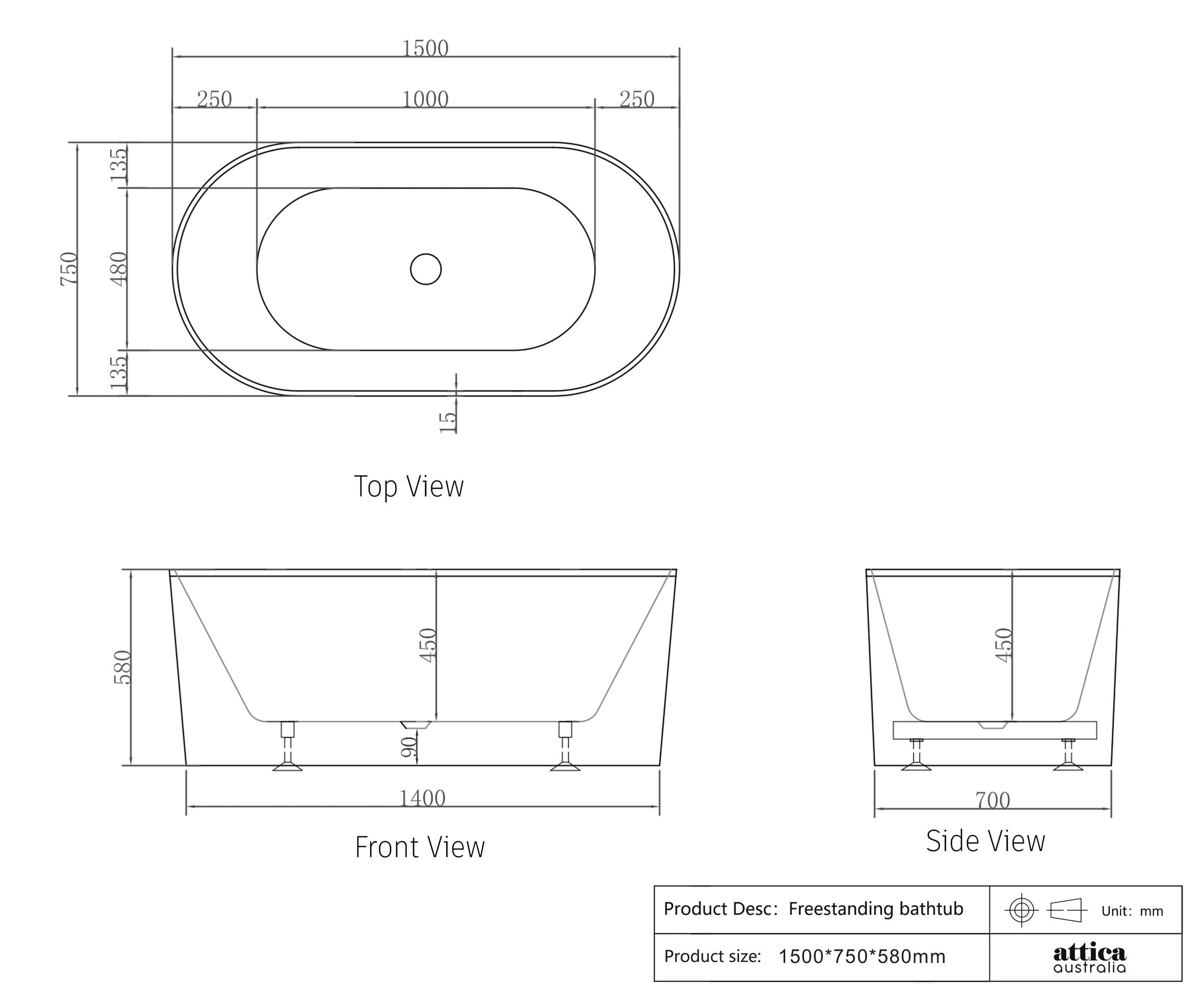 Noosa Freestanding Bath 1500 Gloss White