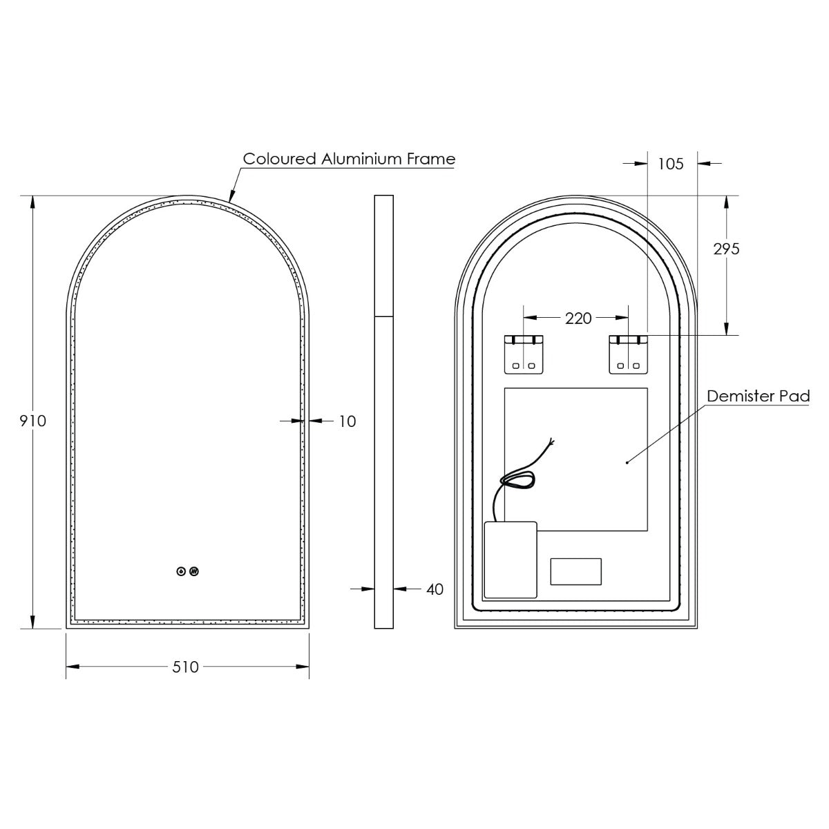 Arch LED Mirror with Demister + Portable Magnifier, Baltic Brass