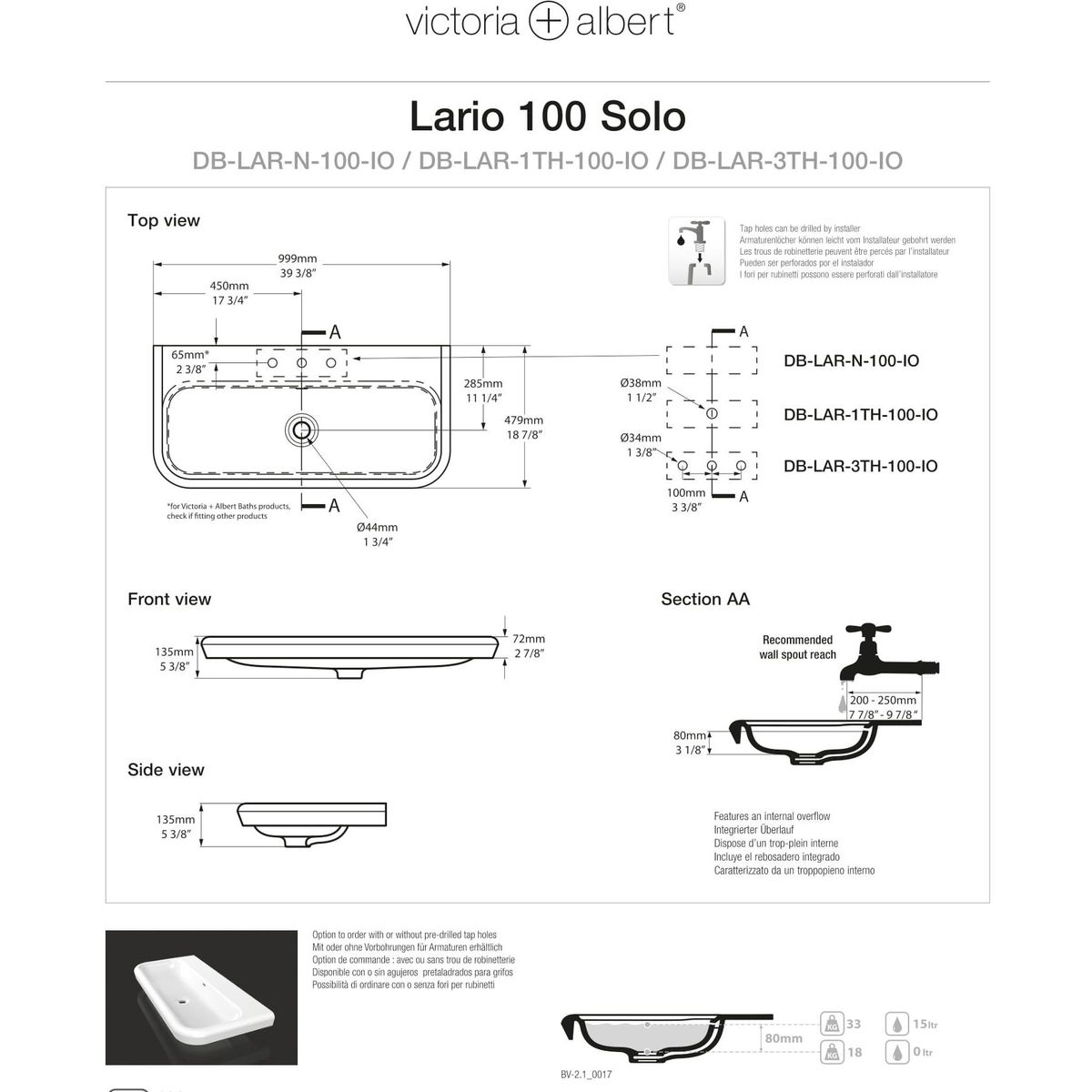Victoria + Albert Lario 100 Solo Undermount Basin With Overflow, 3 Tapholes