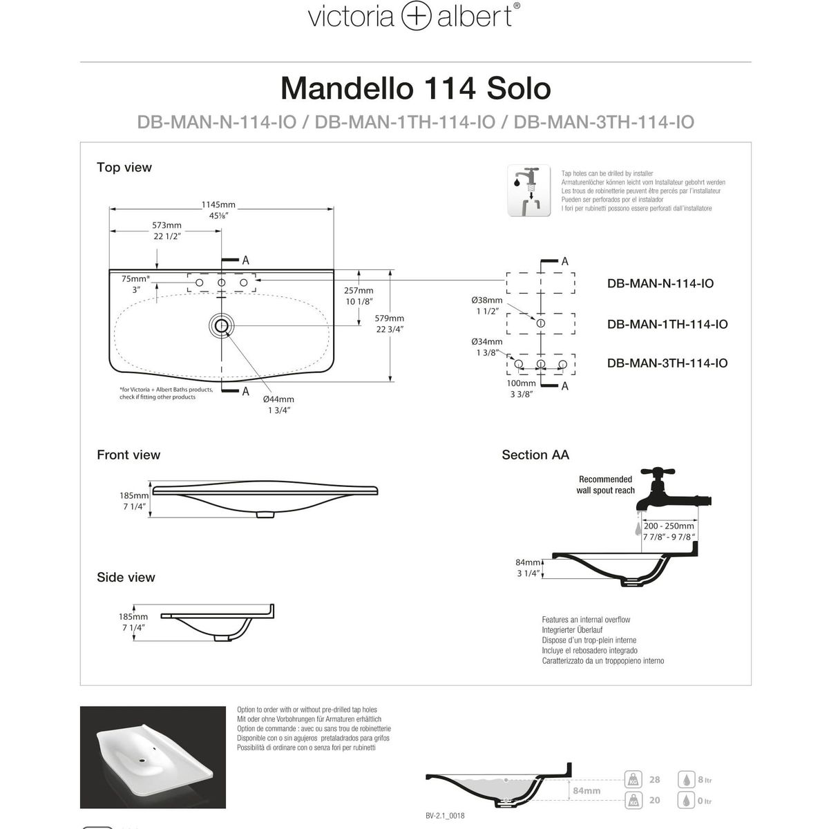 Victoria + Albert Mandello 114 Solo Undermount Basin With Overflow, 1 Taphole
