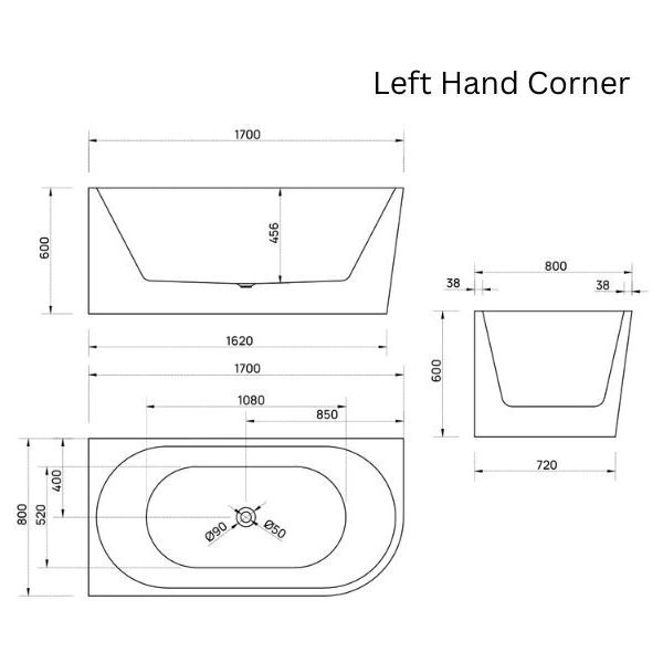 Bao Bon 1700mm Back to Corner Bath in Gloss White - Left Hand