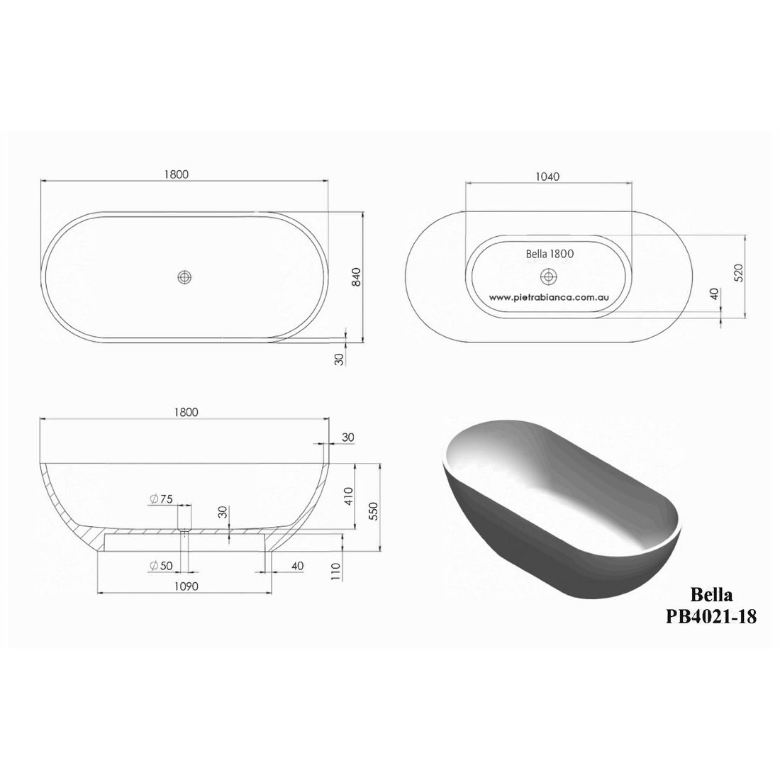 Bella 1800mm Freestanding Bathtub