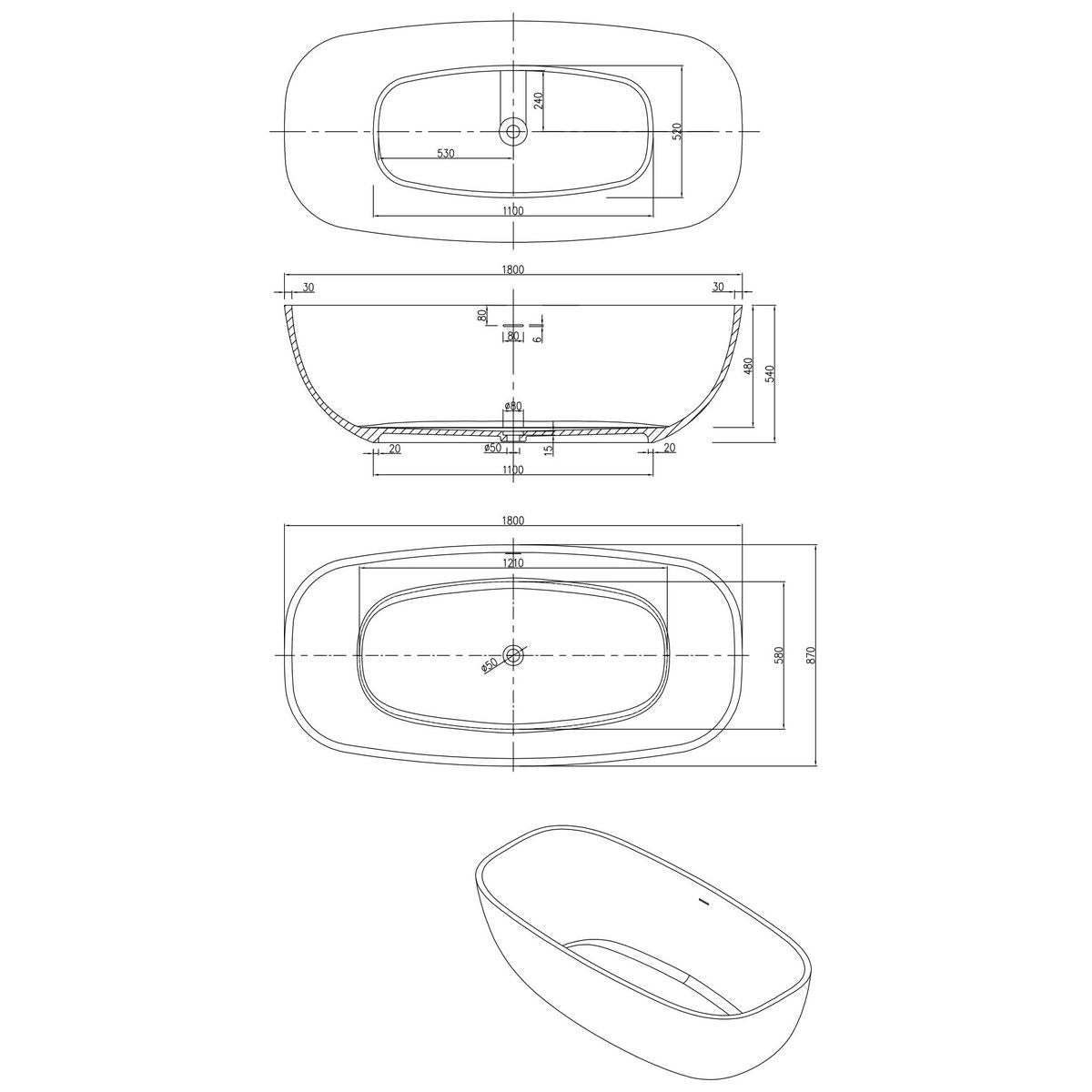 Bora 1800mm Freestanding Bathtub