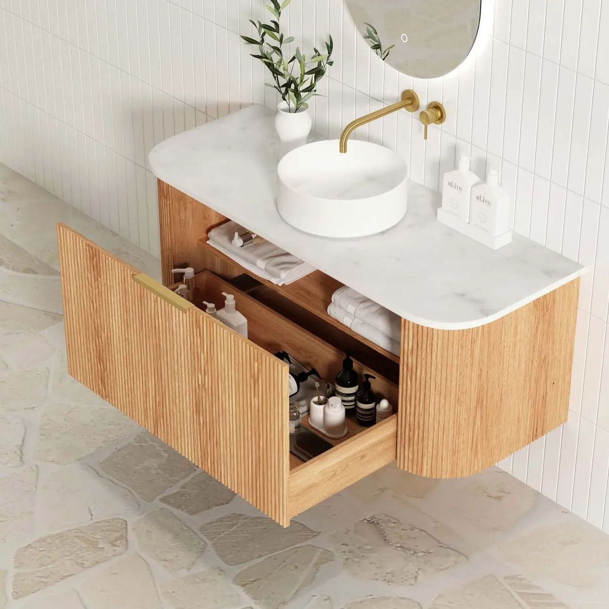 Bondi Woodland Oak 1200mm Fluted Curve Vanity