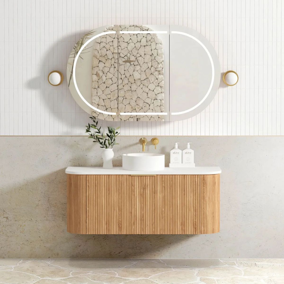 Bondi Woodland Oak 1200mm Fluted Curve Vanity