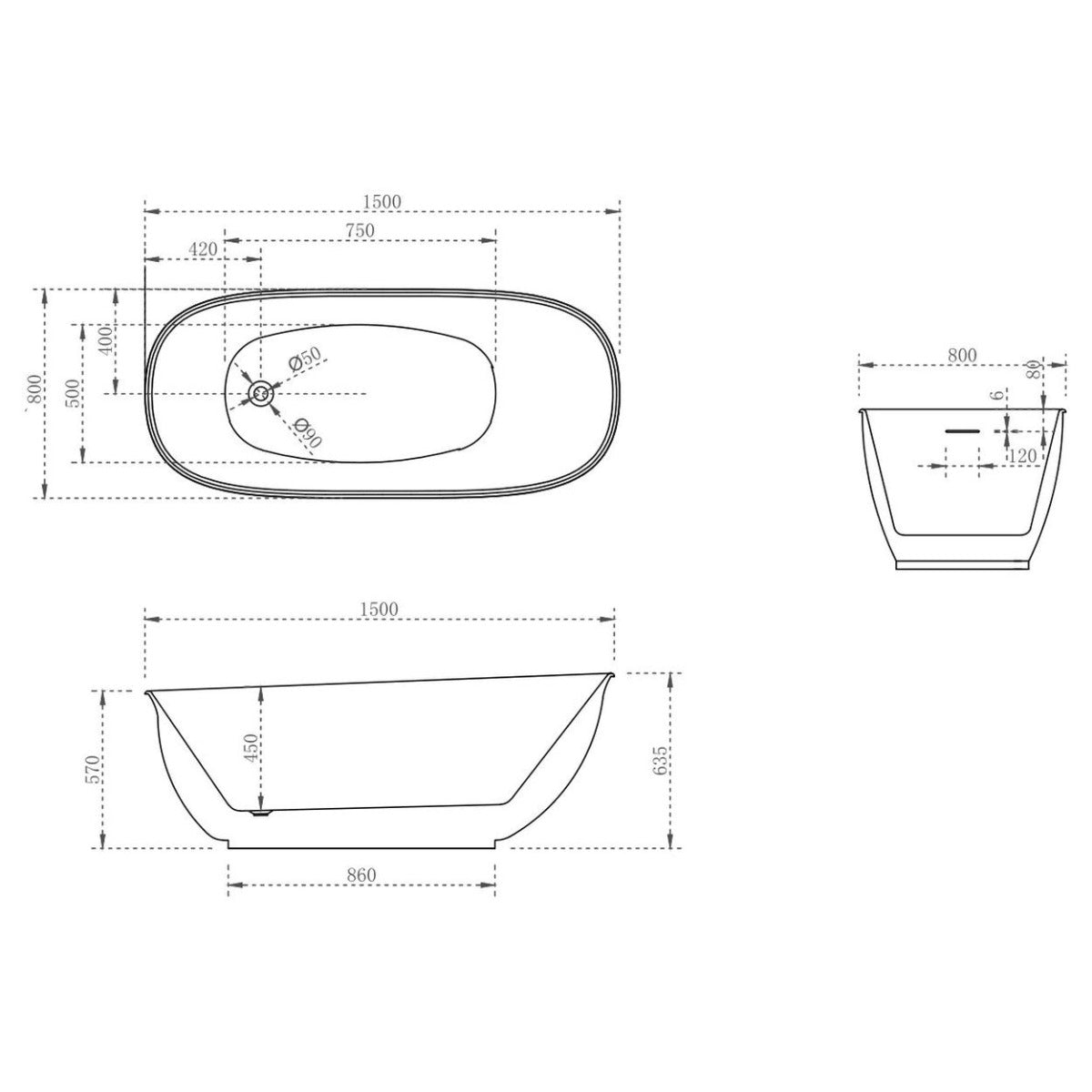 Vita 1500mm High Rise Bathtub Matte White