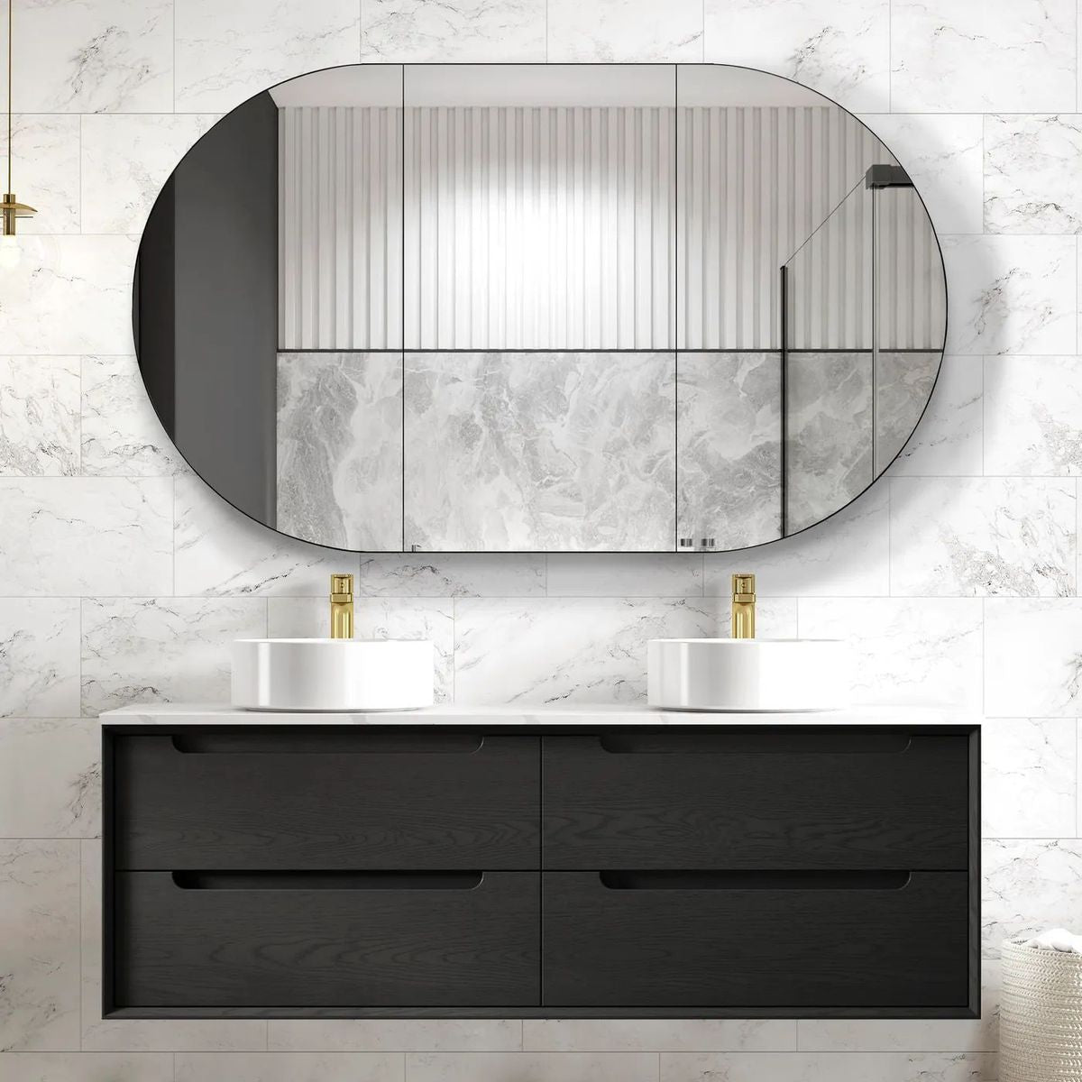 Byron Black Oak Wall Hung Vanity Cabinet Double Bowl 1500mm