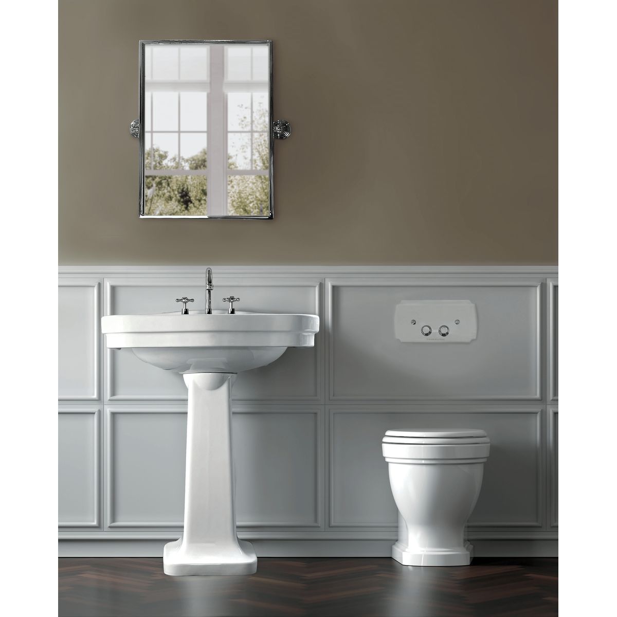 Claremont Floor Pan with Seat, Inwall Cistern & Claremont - Chrome Flush Plate