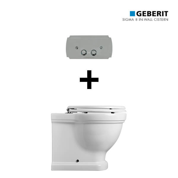 Claremont Floor Pan with Seat, Inwall Cistern & Claremont - Chrome Flush Plate