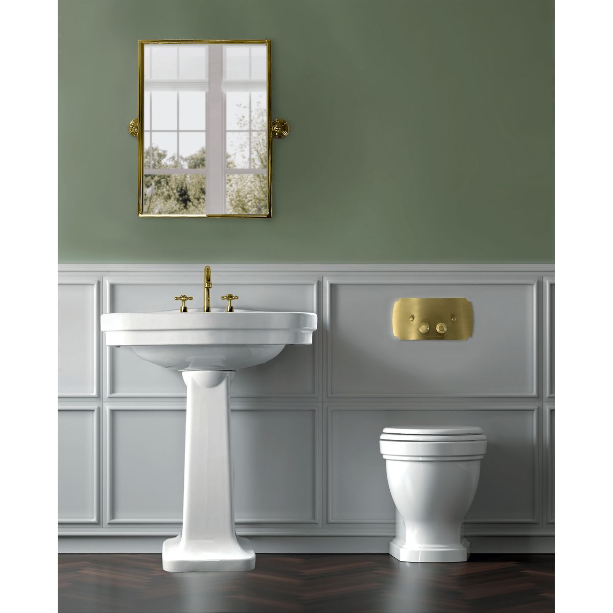 Claremont Floor Pan with Seat, Inwall Cistern & Claremont - Brushed Brass Flush Plate