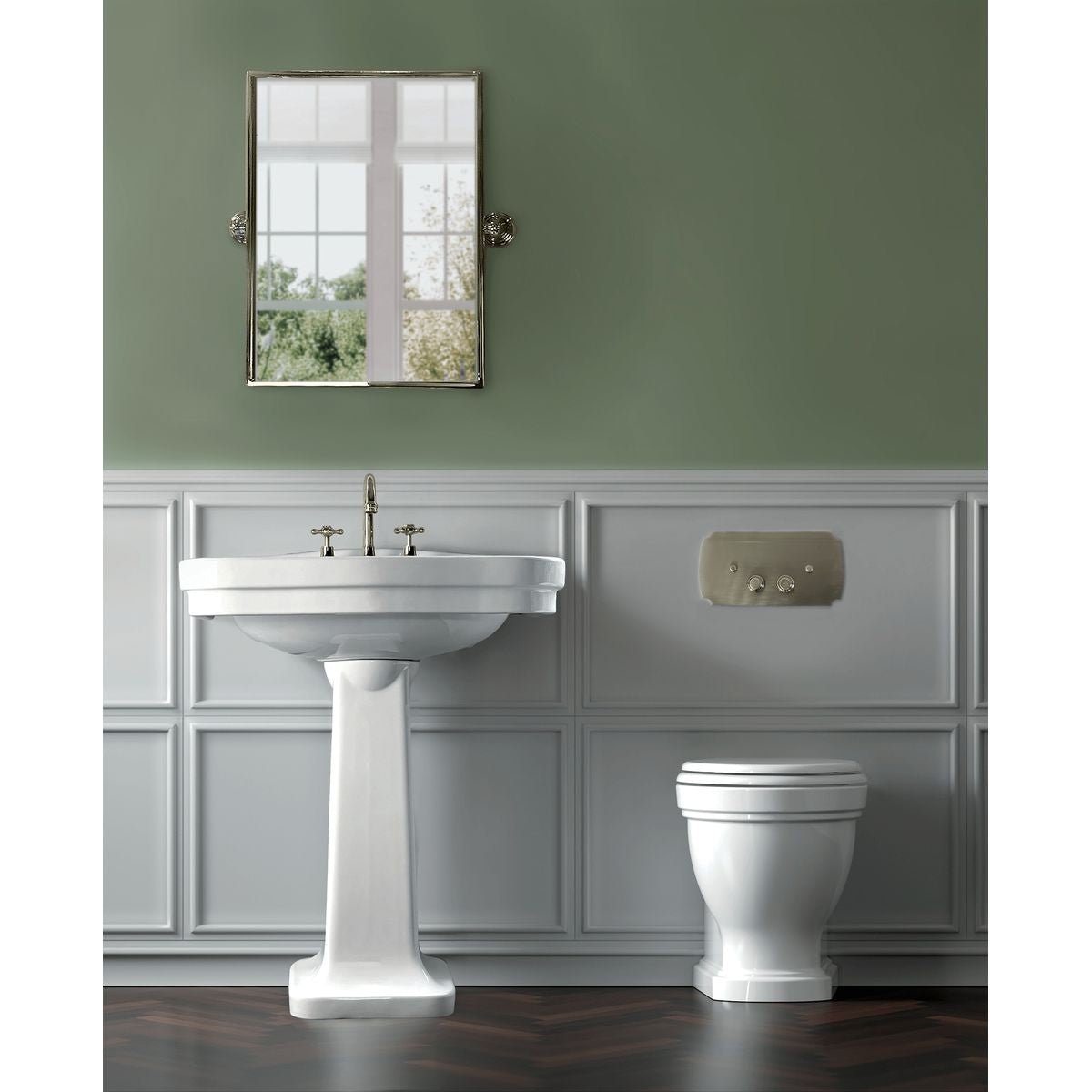 Claremont Floor Pan with Seat, Inwall Cistern & Claremont - Brushed Nickel Flush Plate