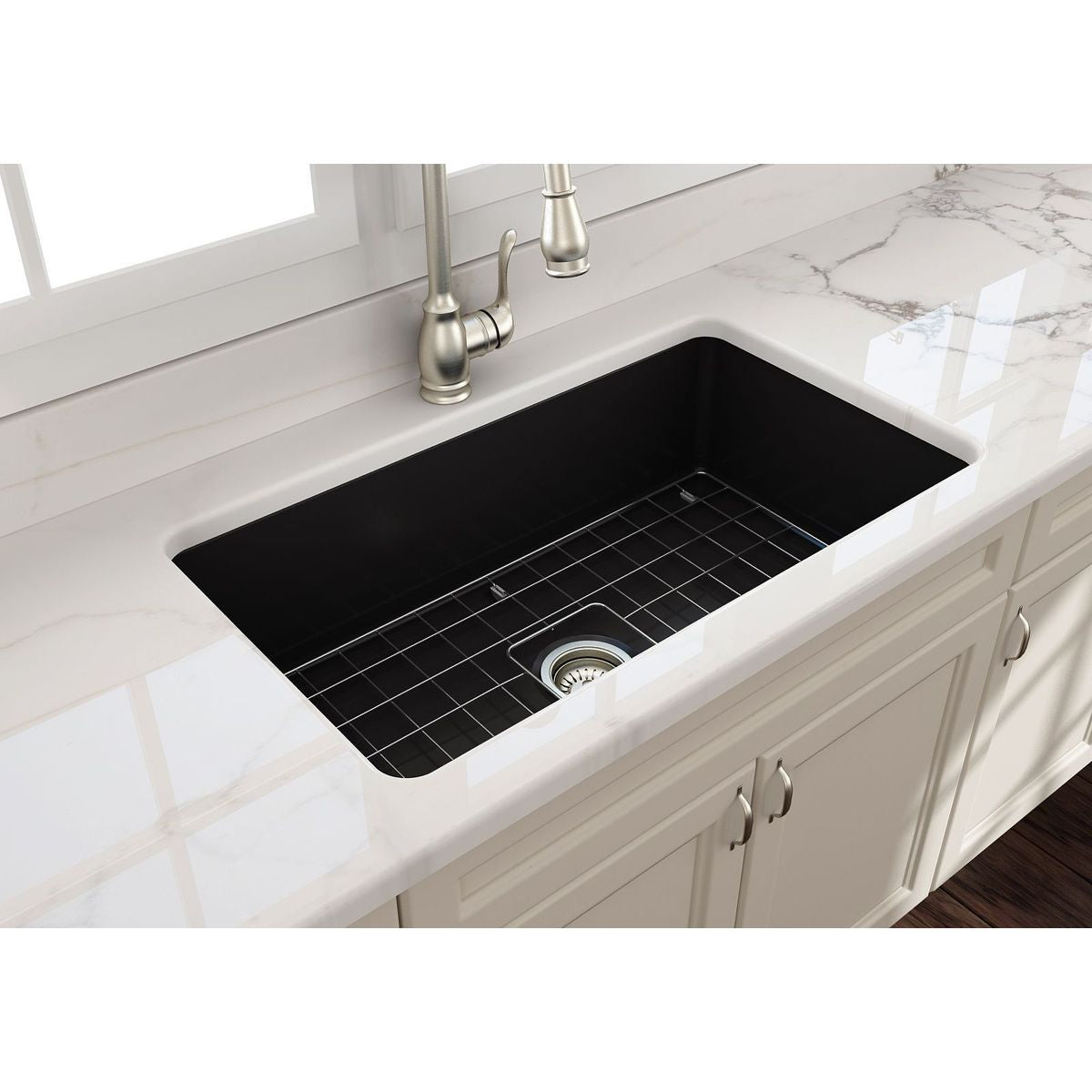 Kit-Cuisine 81X48 Inset/Undermount Fireclay Sink With Waste - Matte Black