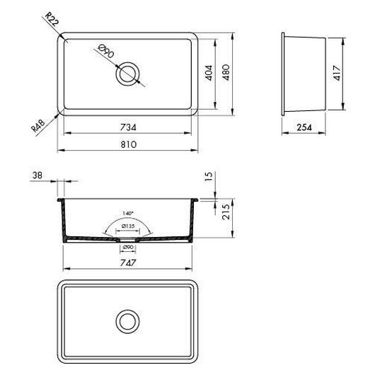Kit-Cuisine 81X48 Inset/Undermount Fireclay Sink With Waste - Matte Black