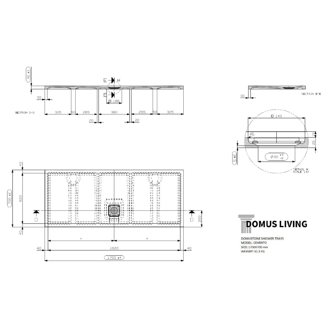 Domus Living Cemento 1700X700 Shower Floor in Bianco (Matte White)