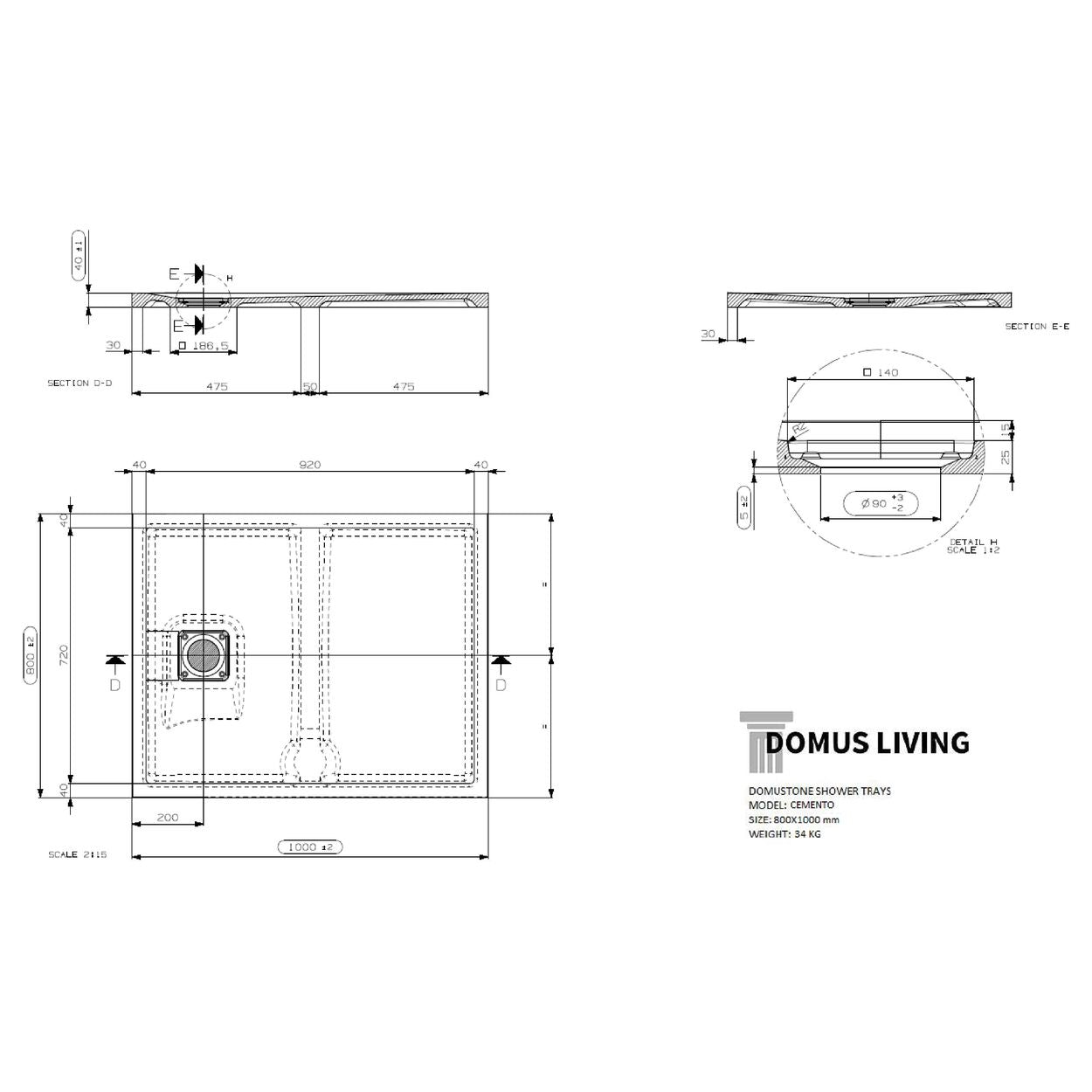 Domus Living Cemento 800X1000 Shower Floor in Bianco (Matte White)