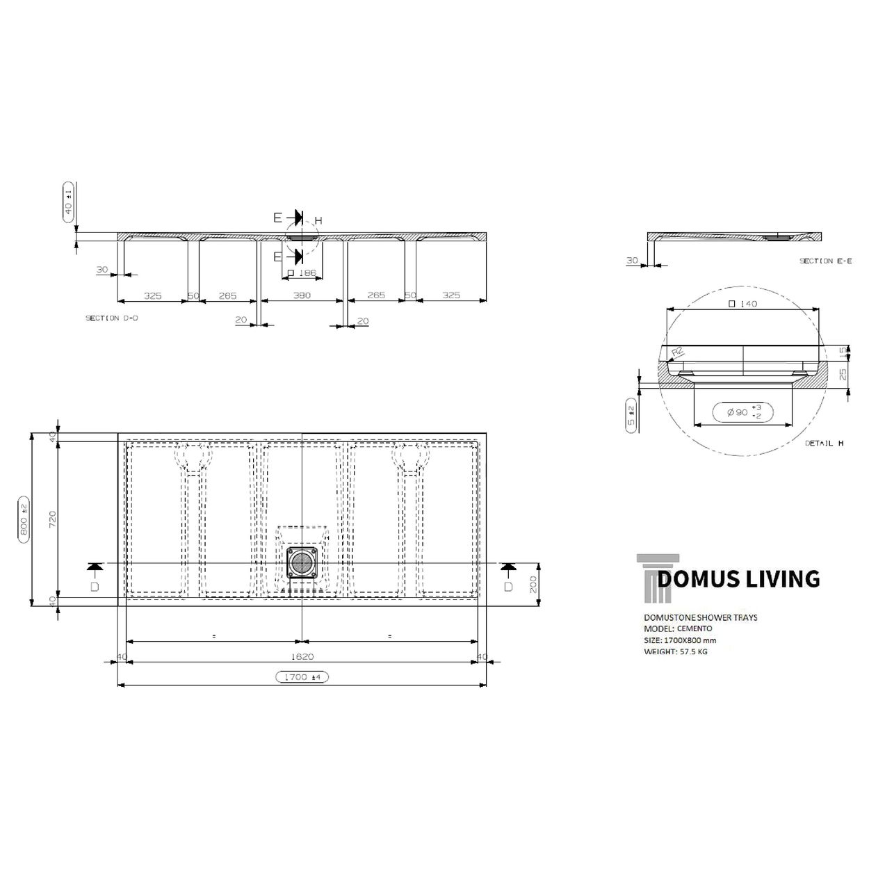 Domus Living Cemento 1700X800 Shower Floor in Nero (Matte Black)