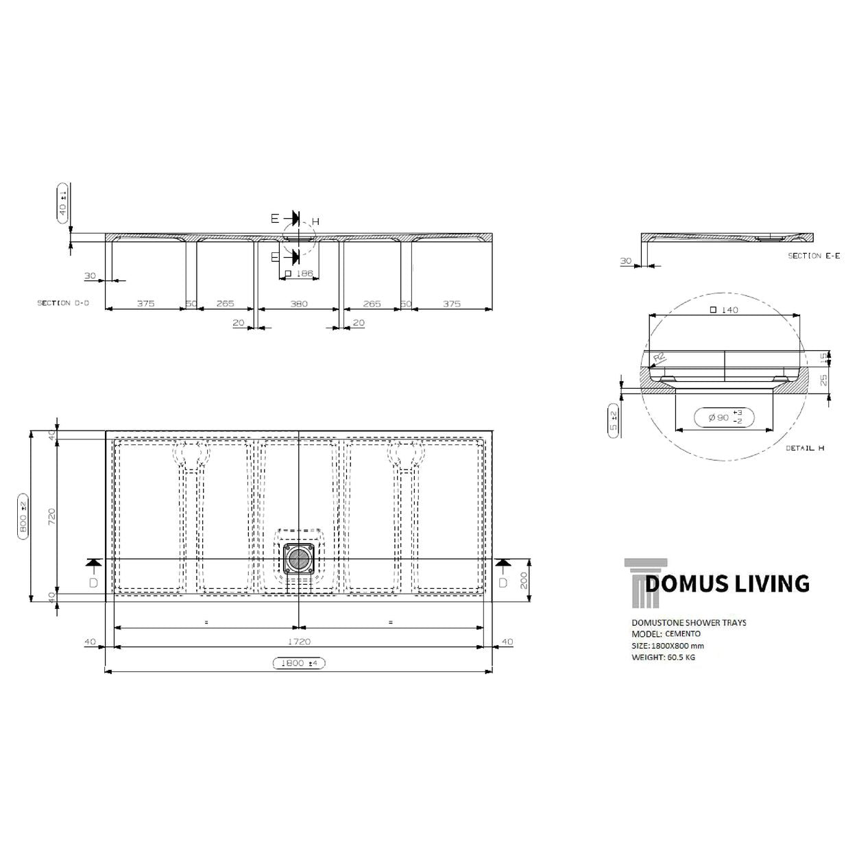 Domus Living Cemento 1800X800 Shower Floor in Bianco (Matte White)