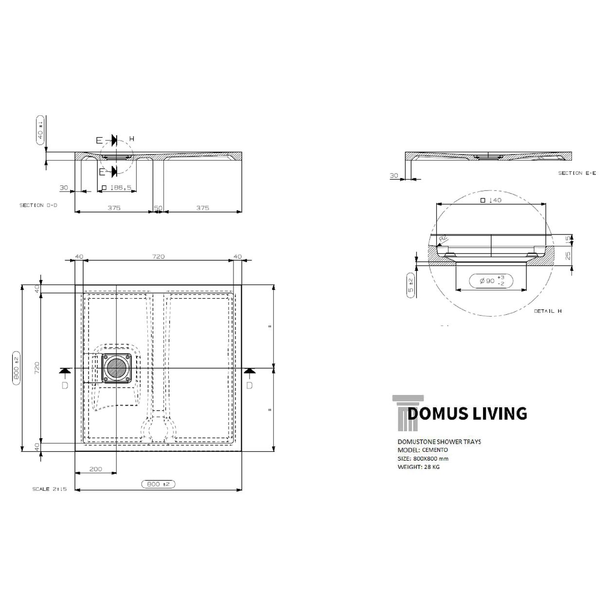 Domus Living Cemento 800X800 Shower Floor in Bianco (Matte White)