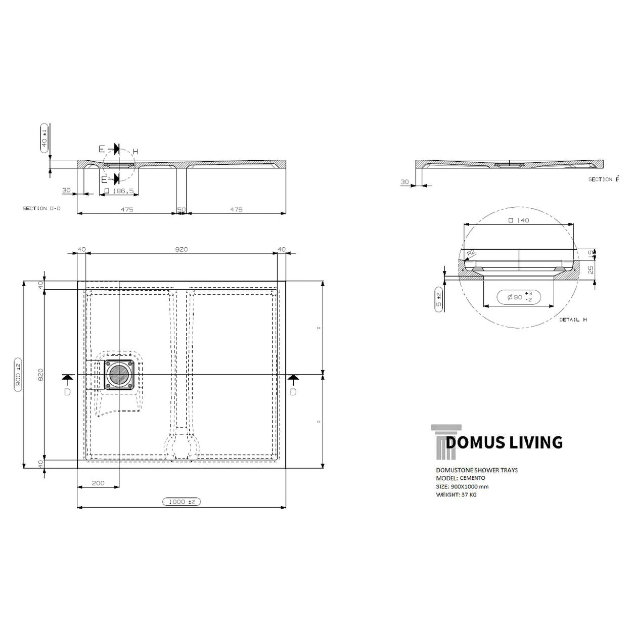 Domus Living Cemento 900X1000 Shower Floor in Bianco (Matte White)